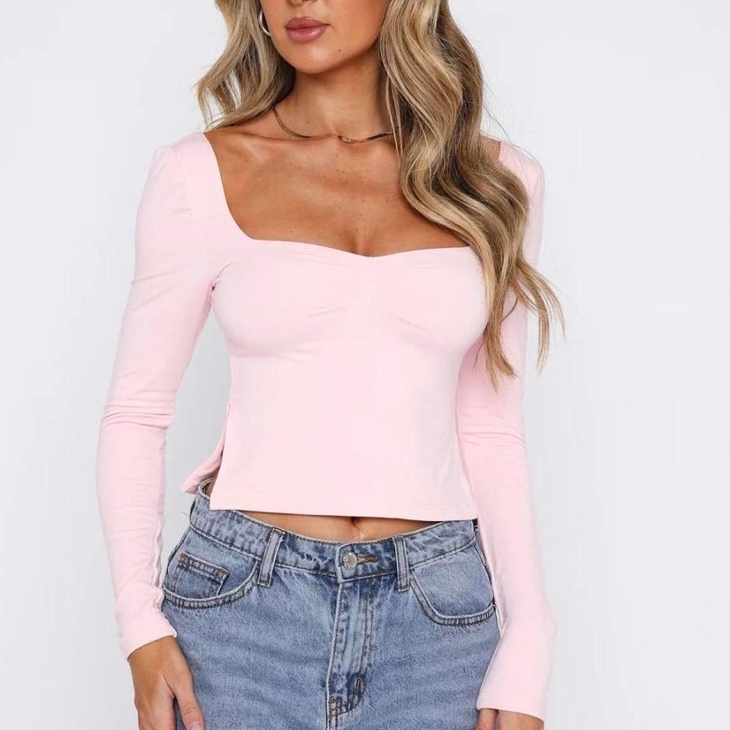 White Fox Boutique Light Pink Square Neck Long Sleeve Top